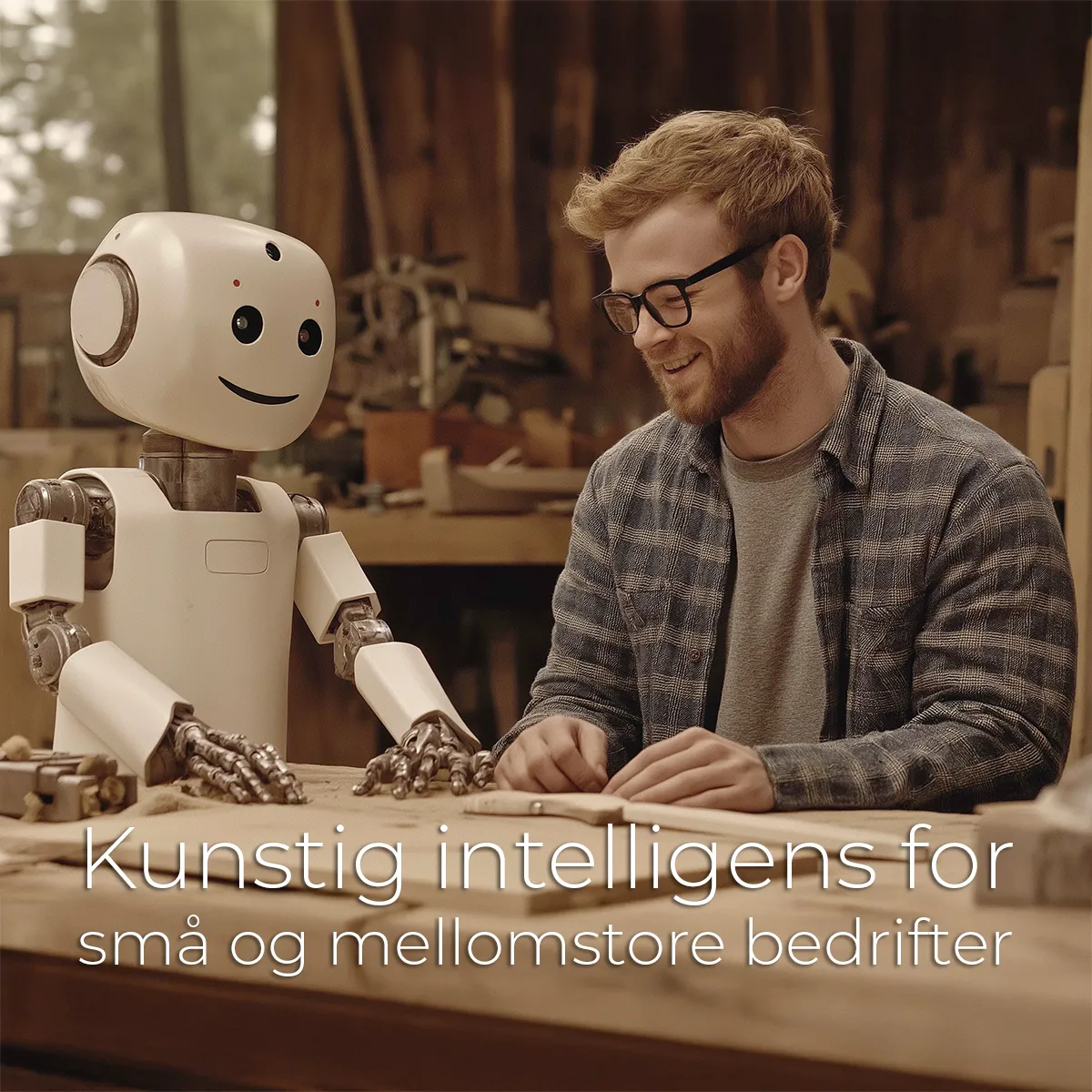Mann og robot jobber sammen